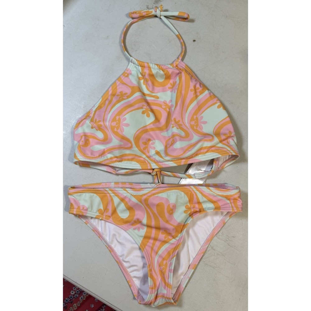 A-0187-Billabong 2 Piece Bikini Swimsuit Size S Pink Orange Mint Paisley NWT